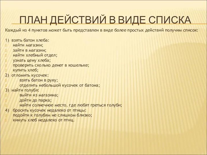 ПЛАН ДЕЙСТВИЙ В ВИДЕ СПИСКА Каждый из 4 пунктов может быть представлен в