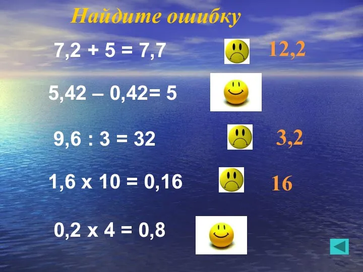 Найдите ошибку 12,2 3,2 16 7,2 + 5 = 7,7 5,42 – 0,42=