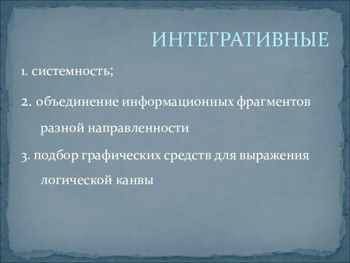 1. системность; 2. объединение информационных фрагментов разной направленности 3. подбор