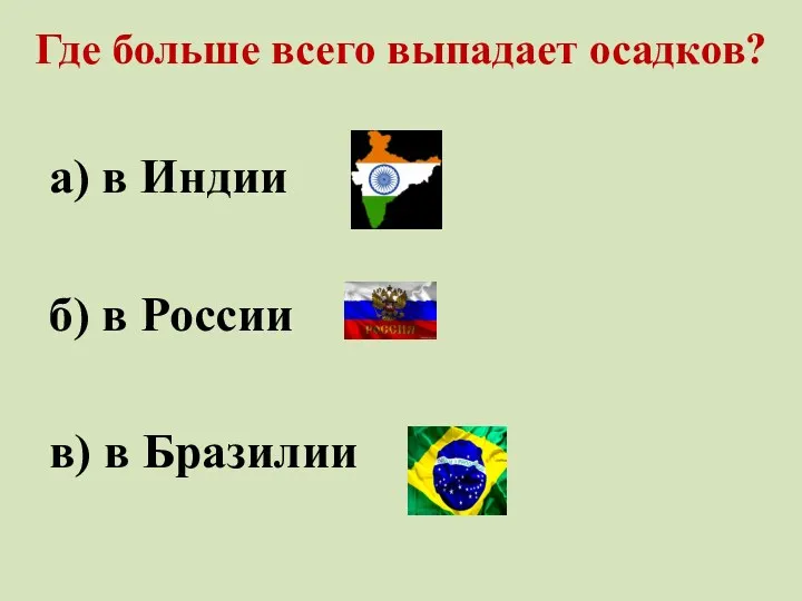 Где больше всего выпадает осадков? а) в Индии б) в России в) в Бразилии