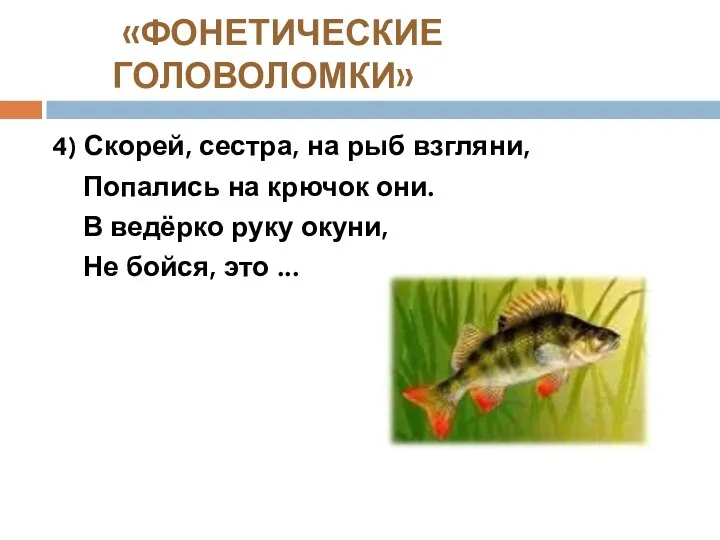«ФОНЕТИЧЕСКИЕ ГОЛОВОЛОМКИ» 4) Скорей, сестра, на рыб взгляни, Попались на