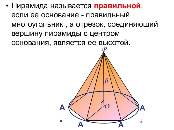 Пирамида называется правильной, если ее основание - правильный многоугольник ,
