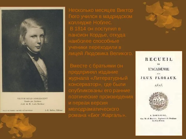 Несколько месяцев Виктор Гюго учился в мадридском колледже Ноблес. В