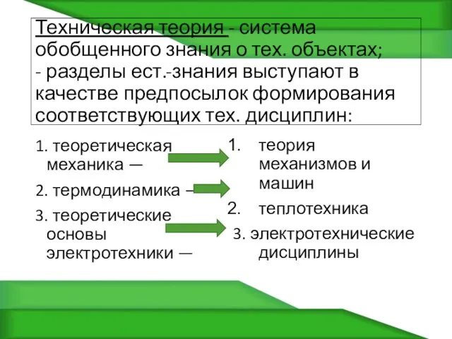 Техническая теория - система обобщенного знания о тех. объектах; -