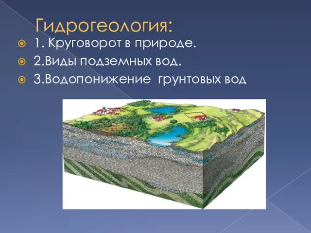 Гидрогеология: 1. Круговорот в природе. 2.Виды подземных вод. 3.Водопонижение грунтовых вод