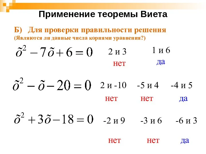 Применение теоремы Виета 2 и 3 1 и 6 нет