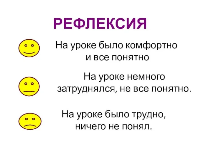 РЕФЛЕКСИЯ На уроке было комфортно и все понятно На уроке