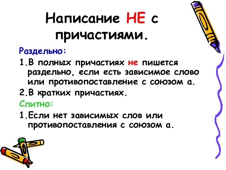 Написание НЕ с причастиями. Раздельно: 1.В полных причастиях не пишется