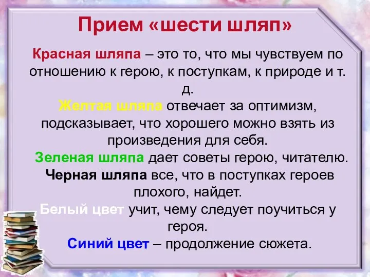 Прием «шести шляп» Красная шляпа – это то, что мы чувствуем по отношению