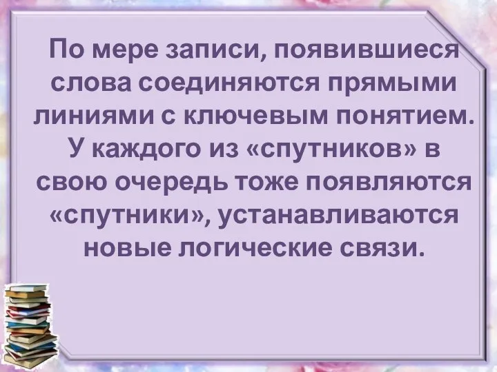 По мере записи, появившиеся слова соединяются прямыми линиями с ключевым понятием. У каждого