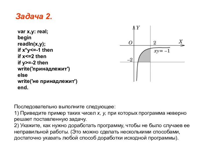 Задача 2. var x,y: real; begin readln(x,у); if x*y if