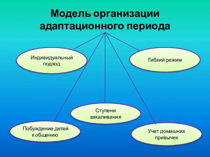 Модель организации адаптационного периода Гибкий режим Индивидуальный подход Ступени закаливания