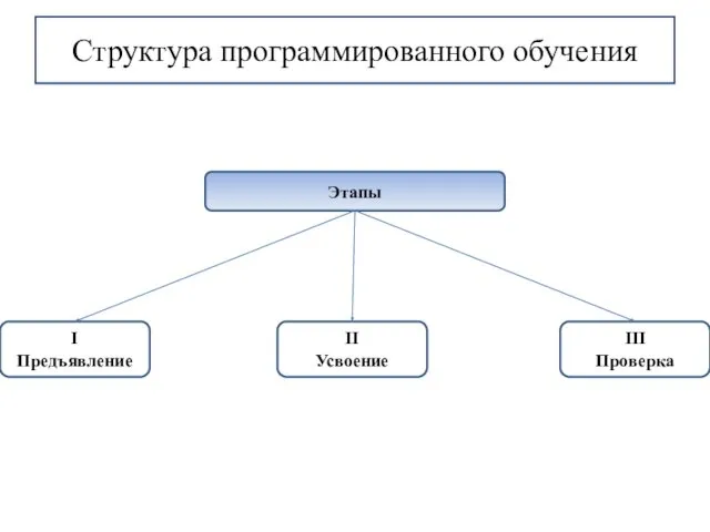 Структура программированного обучения Этапы I Предъявление II Усвоение III Проверка