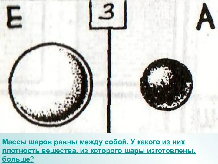 Массы шаров равны между собой. У какого из них плотность вещества, из которого шары изготовлены, больше?