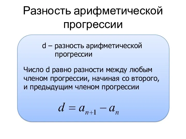 Разность арифметической прогрессии Число d равно разности между любым членом