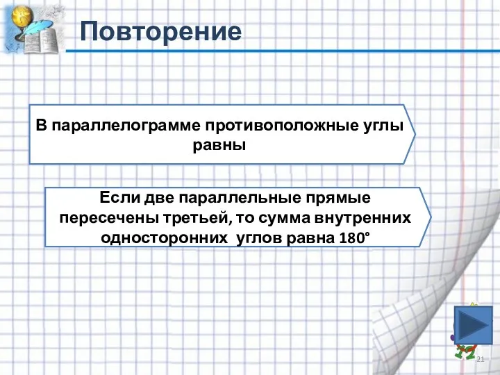 Повторение В параллелограмме противоположные углы равны Если две параллельные прямые