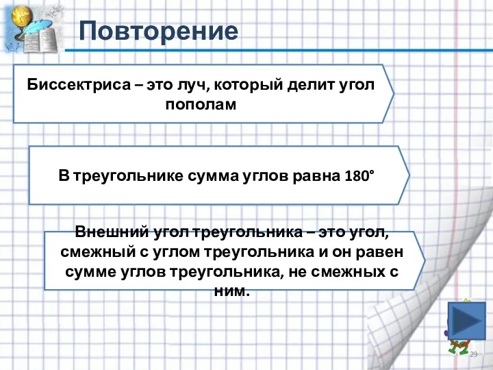 Повторение Биссектриса – это луч, который делит угол пополам В