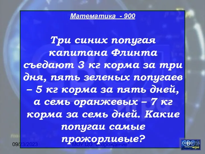 09/23/2023 МОУ ЦО "Возрождение" Математика - 900 Три синих попугая