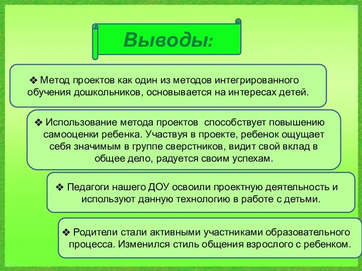 Выводы: Метод проектов как один из методов интегрированного обучения дошкольников,