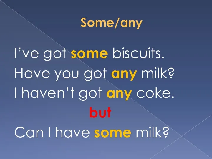 Some/any I’ve got some biscuits. Have you got any milk?