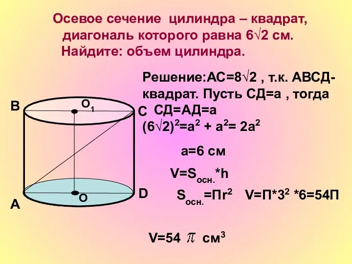 Осевое сечение цилиндра – квадрат, диагональ которого равна 6√2 см. Найдите: объем цилиндра.