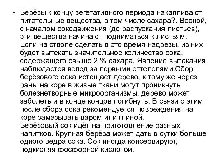 Берёзы к концу вегетативного периода накапливают питательные вещества, в том числе сахара?. Весной,