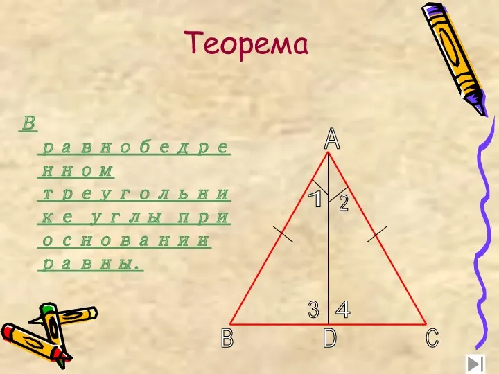 Теорема В равнобедренном треугольнике углы при основании равны. 1 2 3 4 A C D B