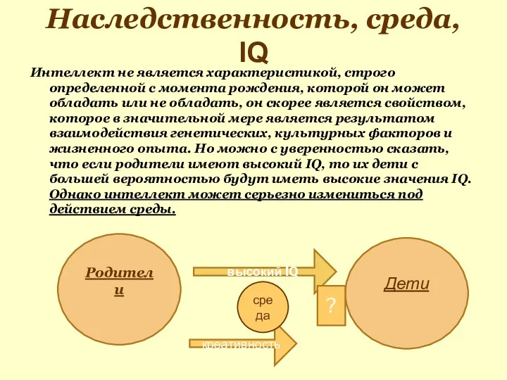 Наследственность, среда, IQ Интеллект не является характеристикой, строго определенной с момента рождения, которой