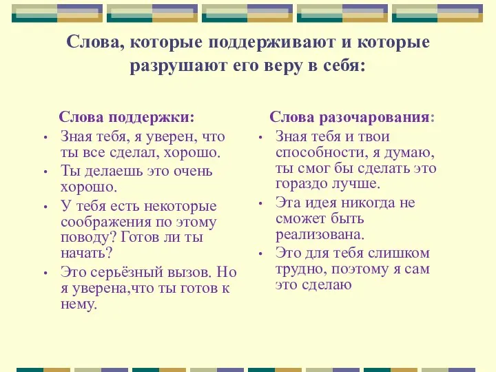 Слова, которые поддерживают и которые разрушают его веру в себя: