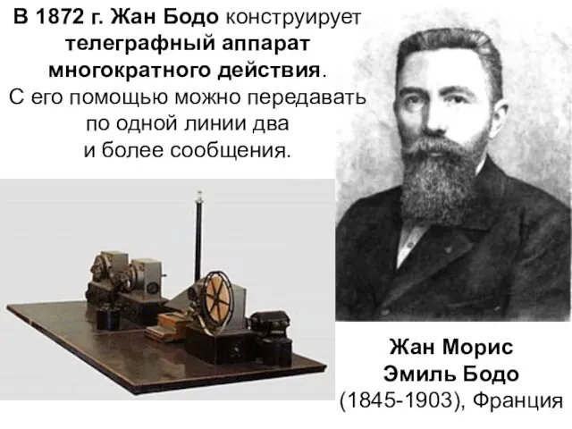 В 1872 г. Жан Бодо конструирует телеграфный аппарат многократного действия. С его помощью