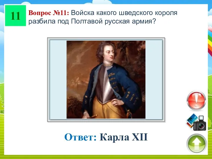 11 Вопрос №11: Войска какого шведского короля разбила под Полтавой русская армия? Ответ: Карла XII