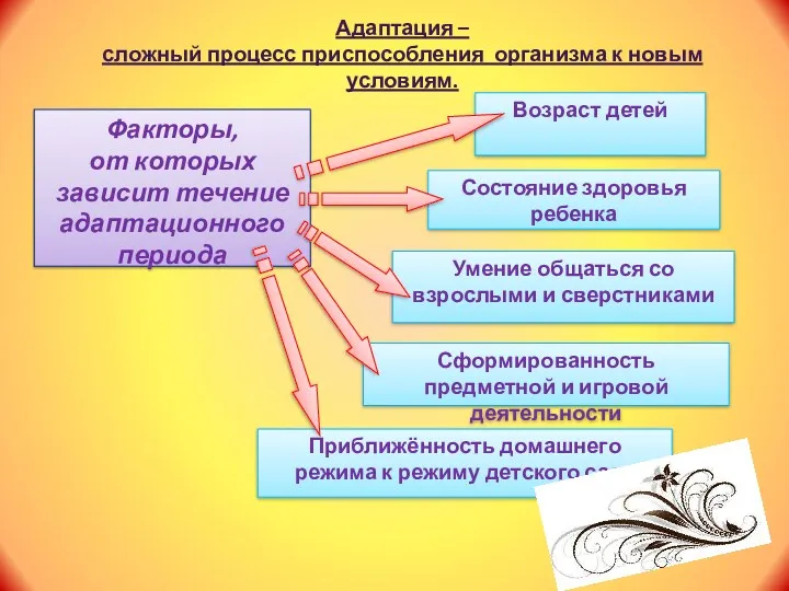 Факторы, от которых зависит течение адаптационного периода Приближённость домашнего режима