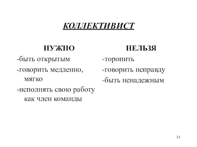 КОЛЛЕКТИВИСТ НУЖНО -быть открытым -говорить медленно, мягко -исполнять свою работу как член команды