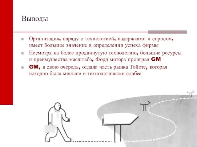 Выводы Организация, наряду с технологией, издержками и спросом, имеет большое