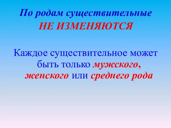 По родам существительные НЕ ИЗМЕНЯЮТСЯ Каждое существительное может быть только мужского, женского или среднего рода