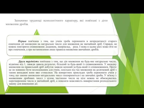 Зазначимо труднощі психологічного характеру, які пов'язані з дією множення дробів.