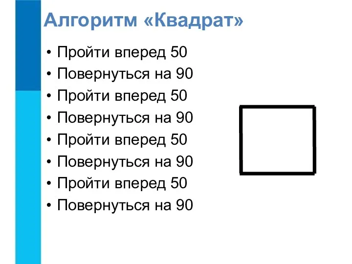 Пройти вперед 50 Повернуться на 90 Пройти вперед 50 Повернуться