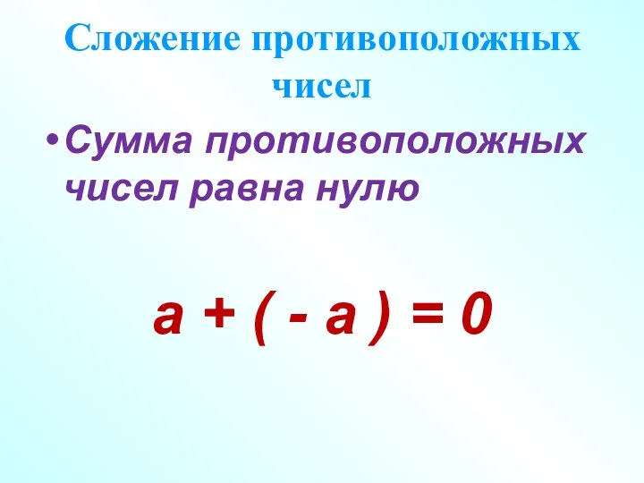 Сложение противоположных чисел Сумма противоположных чисел равна нулю а + ( - а ) = 0