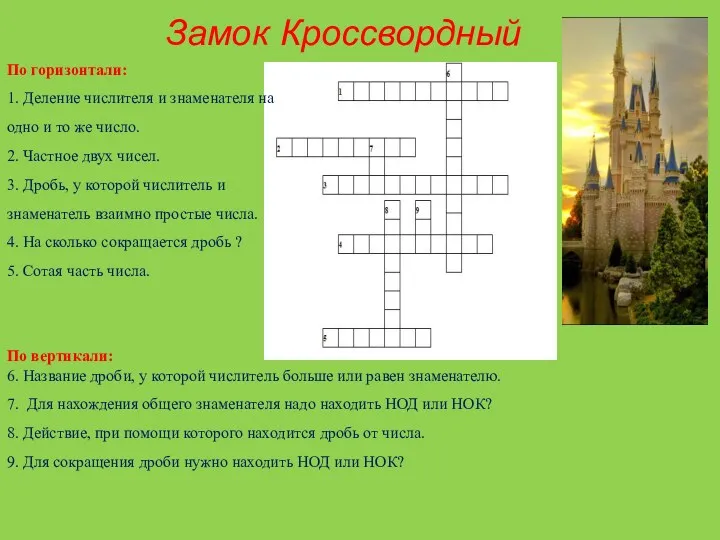 Замок Кроссвордный По горизонтали: 1. Деление числителя и знаменателя на