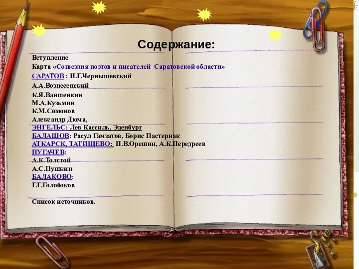 Содержание: Вступление Карта «Созвездия поэтов и писателей Саратовской области» САРАТОВ