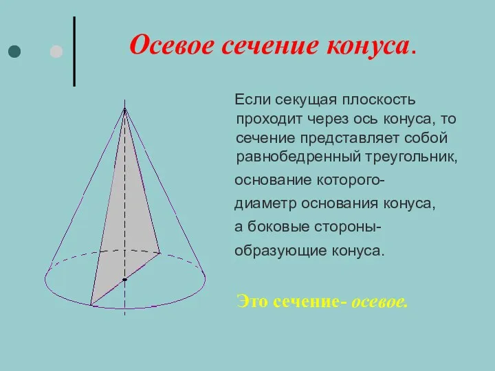 Осевое сечение конуса. Если секущая плоскость проходит через ось конуса, то сечение представляет