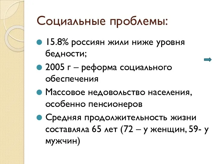 Социальные проблемы: 15.8% россиян жили ниже уровня бедности; 2005 г – реформа социального