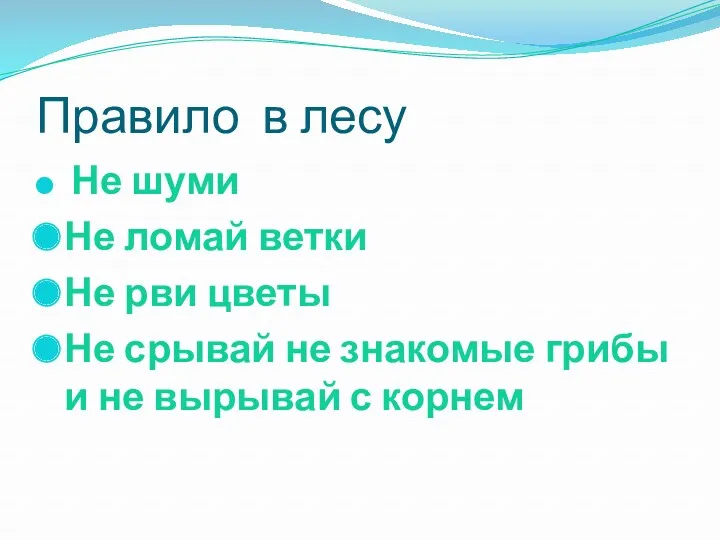 Правило в лесу Не шуми Не ломай ветки Не рви цветы Не срывай