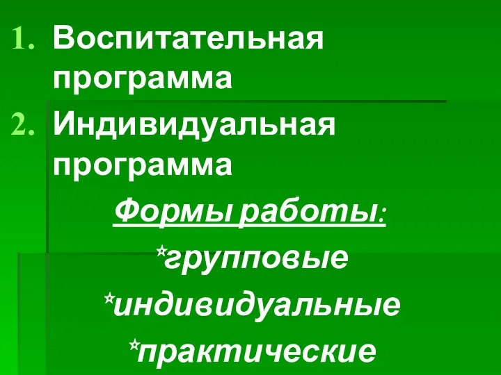 Воспитательная программа Индивидуальная программа Формы работы: *групповые *индивидуальные *практические