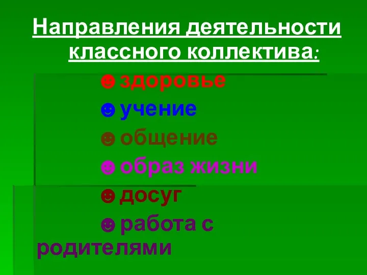 Направления деятельности классного коллектива: ☻здоровье ☻учение ☻общение ☻образ жизни ☻досуг ☻работа с родителями