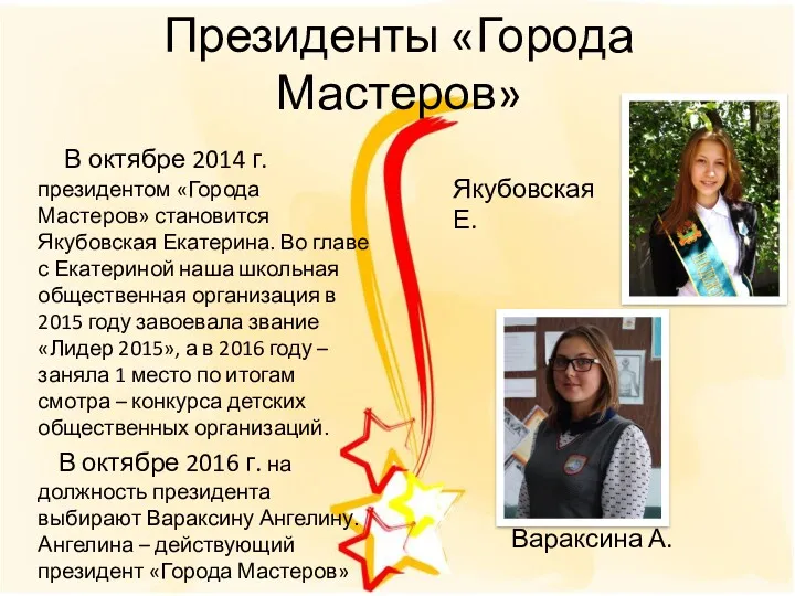 В октябре 2014 г. президентом «Города Мастеров» становится Якубовская Екатерина.