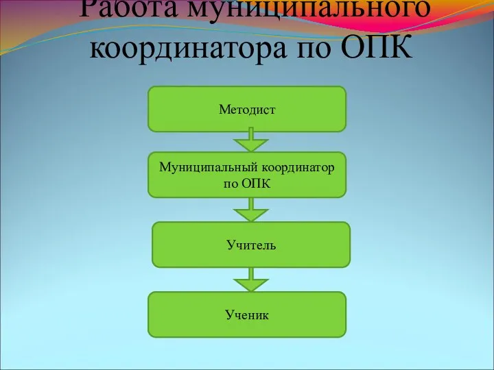 Работа муниципального координатора по ОПК Методист Муниципальный координатор по ОПК Учитель Ученик