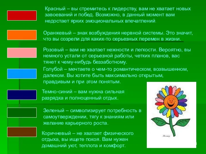 Красный – вы стремитесь к лидерству, вам не хватает новых завоеваний и побед.