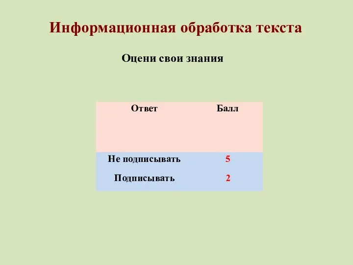 Оцени свои знания Информационная обработка текста