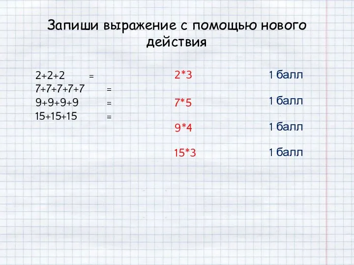 Запиши выражение с помощью нового действия 2+2+2 = 7+7+7+7+7 =